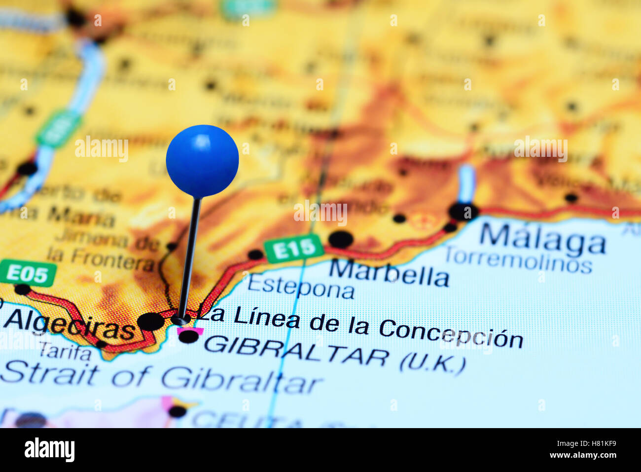 La Linea de la Concepcion pinned on a map of Spain Stock Photo