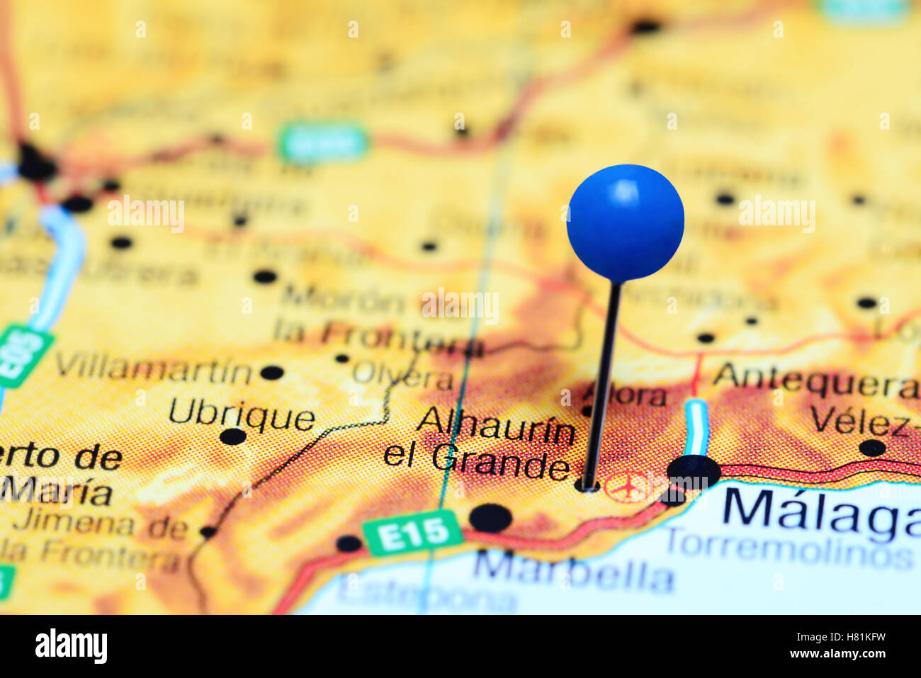 Alhaurin el Grande pinned on a map of Spain Stock Photo