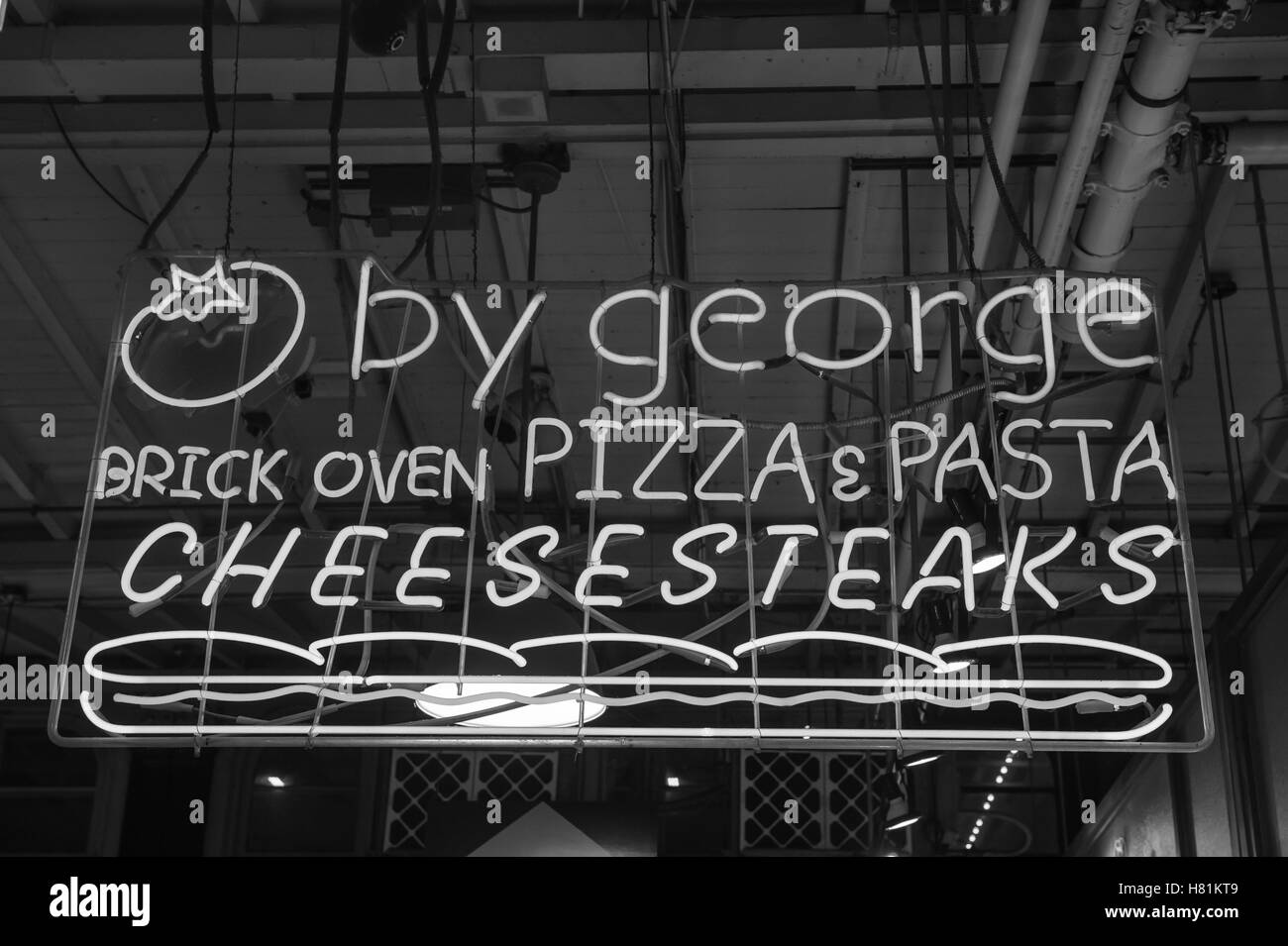 Reading Terminal Market, shop sign, By George, Brick Oven Pizza & Pasta, Cheesesteaks, Philadelphia, Pennsylvania, USA Stock Photo