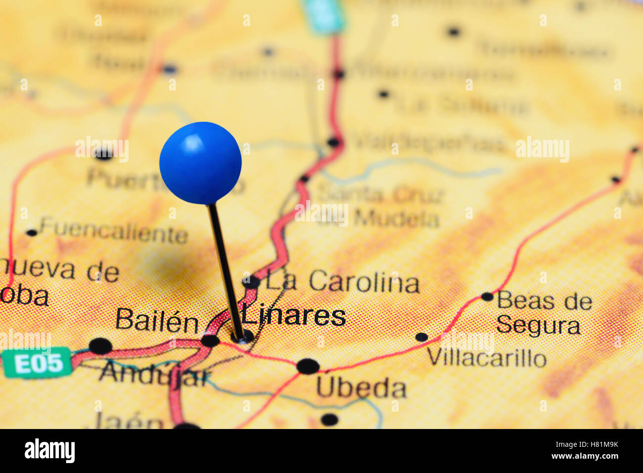 Linares pinned on a map of Spain Stock Photo