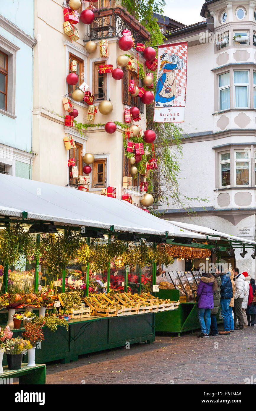 Christmas market, at Piazza delle Erbe Bolzano, Trentino Alto Adige,italy, Europe Stock Photo