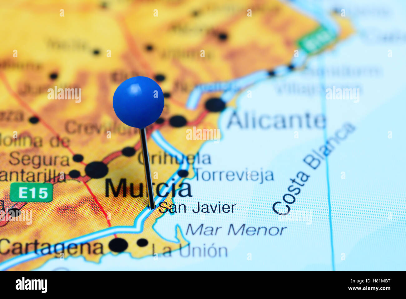 San Javier pinned on a map of Spain Stock Photo