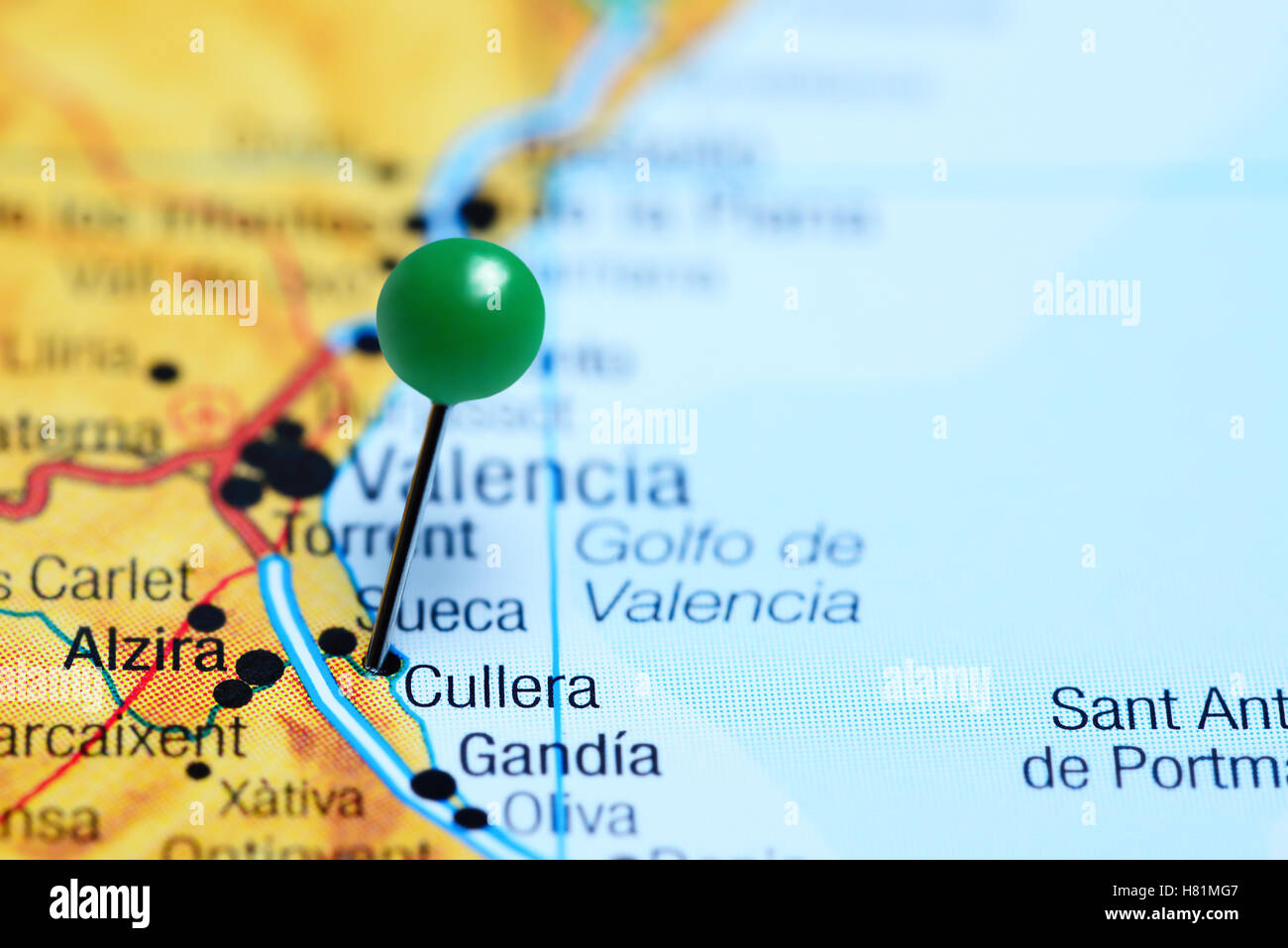 Cullera pinned on a map of Spain Stock Photo