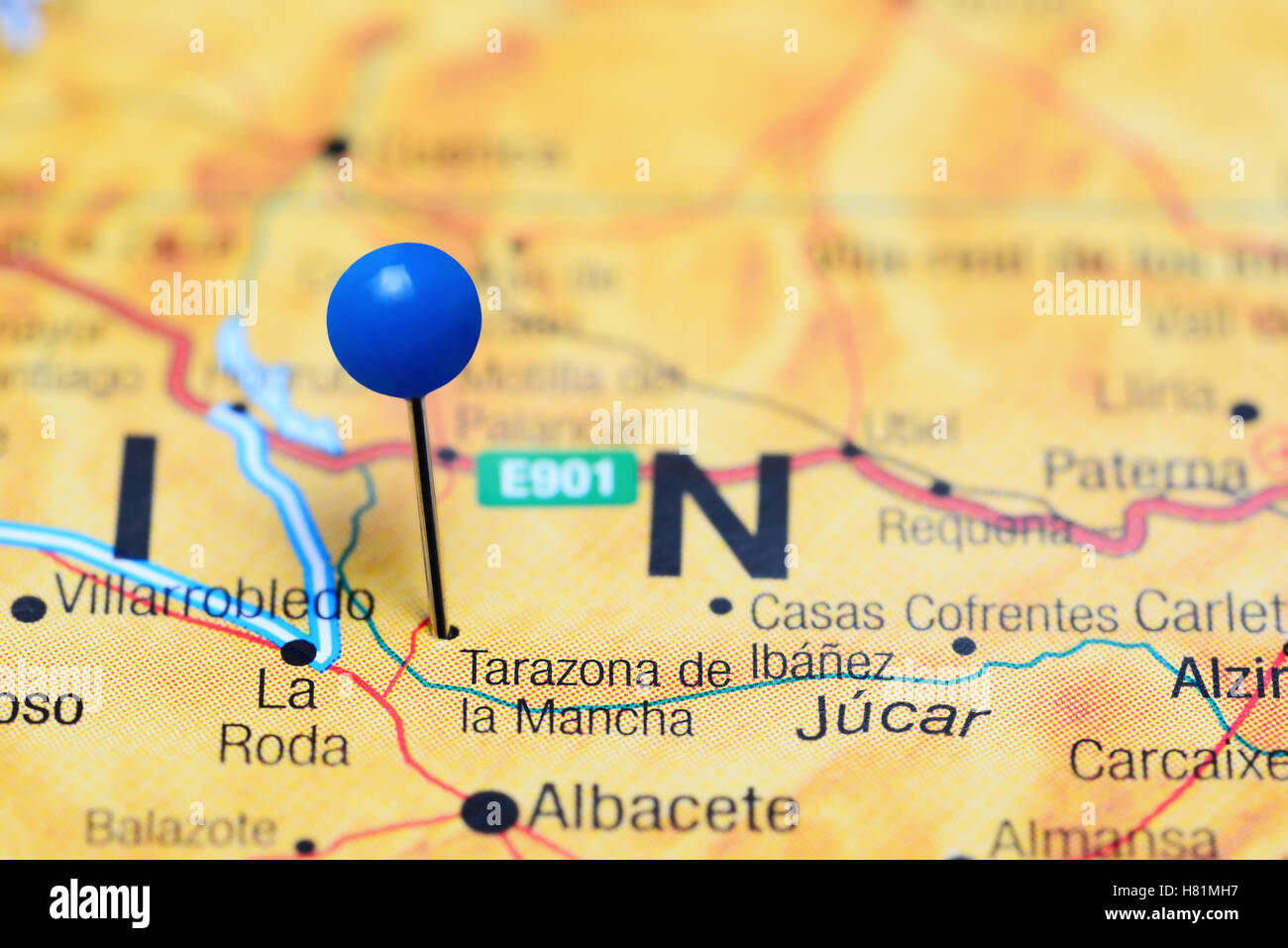 Tarazona de la Mancha pinned on a map of Spain Stock Photo