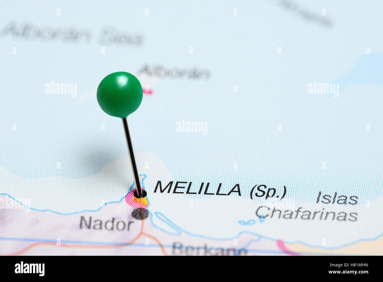 Melilla pinned on a map of Spain Stock Photo