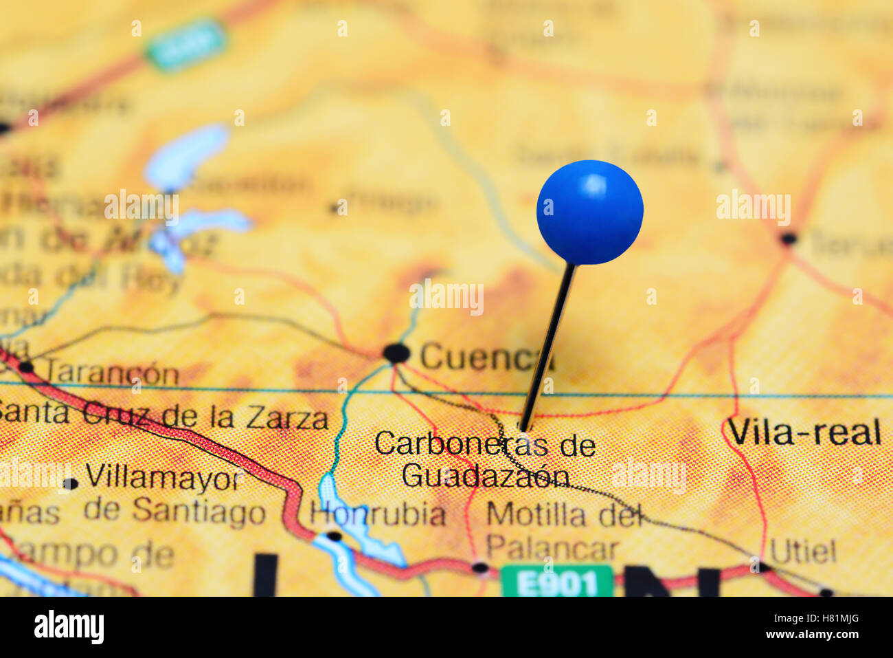 Carboneras de Guadazaon pinned on a map of Spain Stock Photo