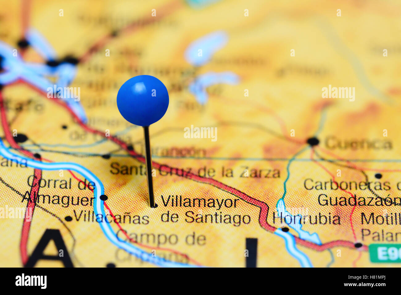 Villamayor de Santiago pinned on a map of Spain Stock Photo