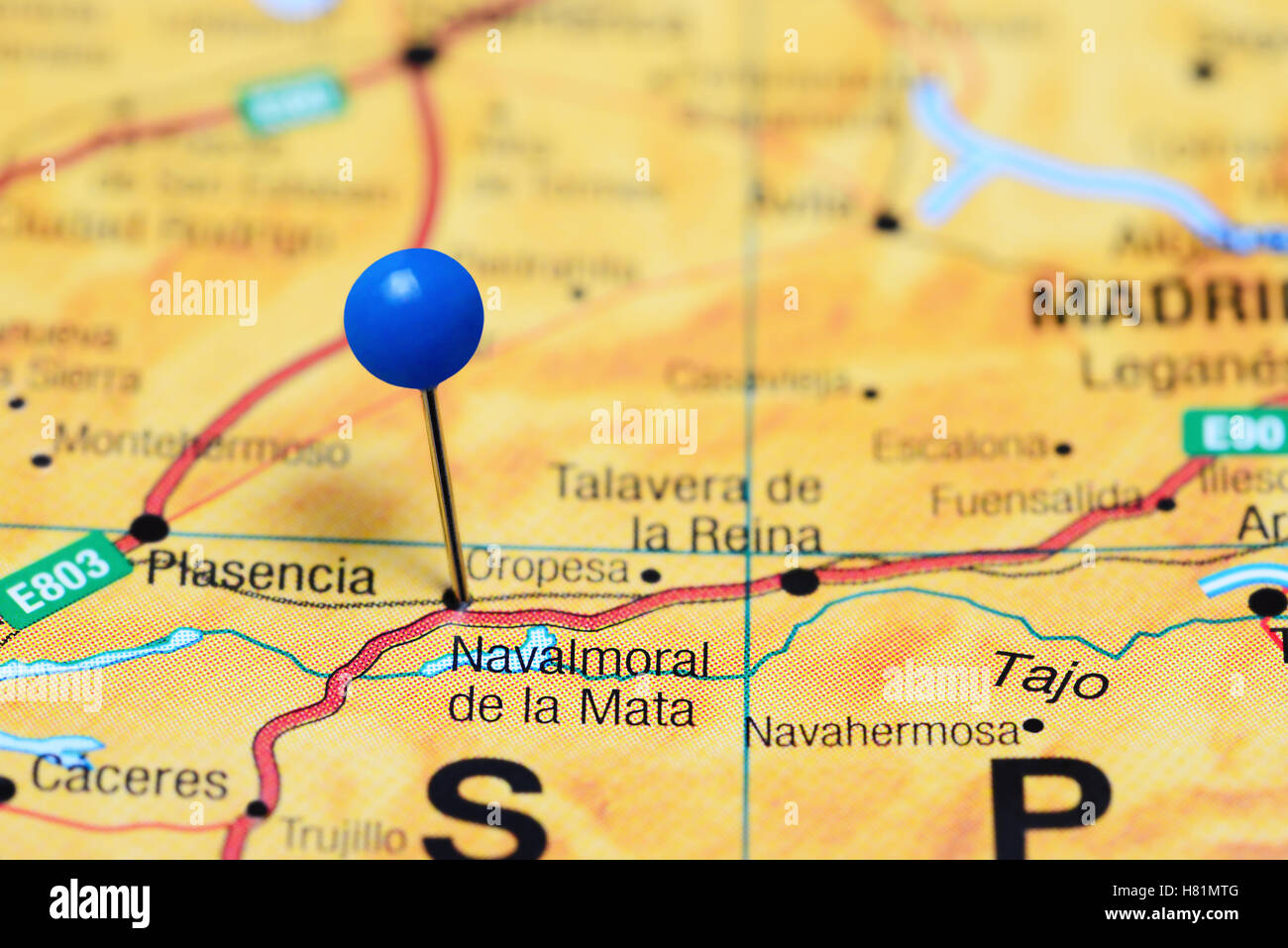 Navalmoral de la Mata pinned on a map of Spain Stock Photo