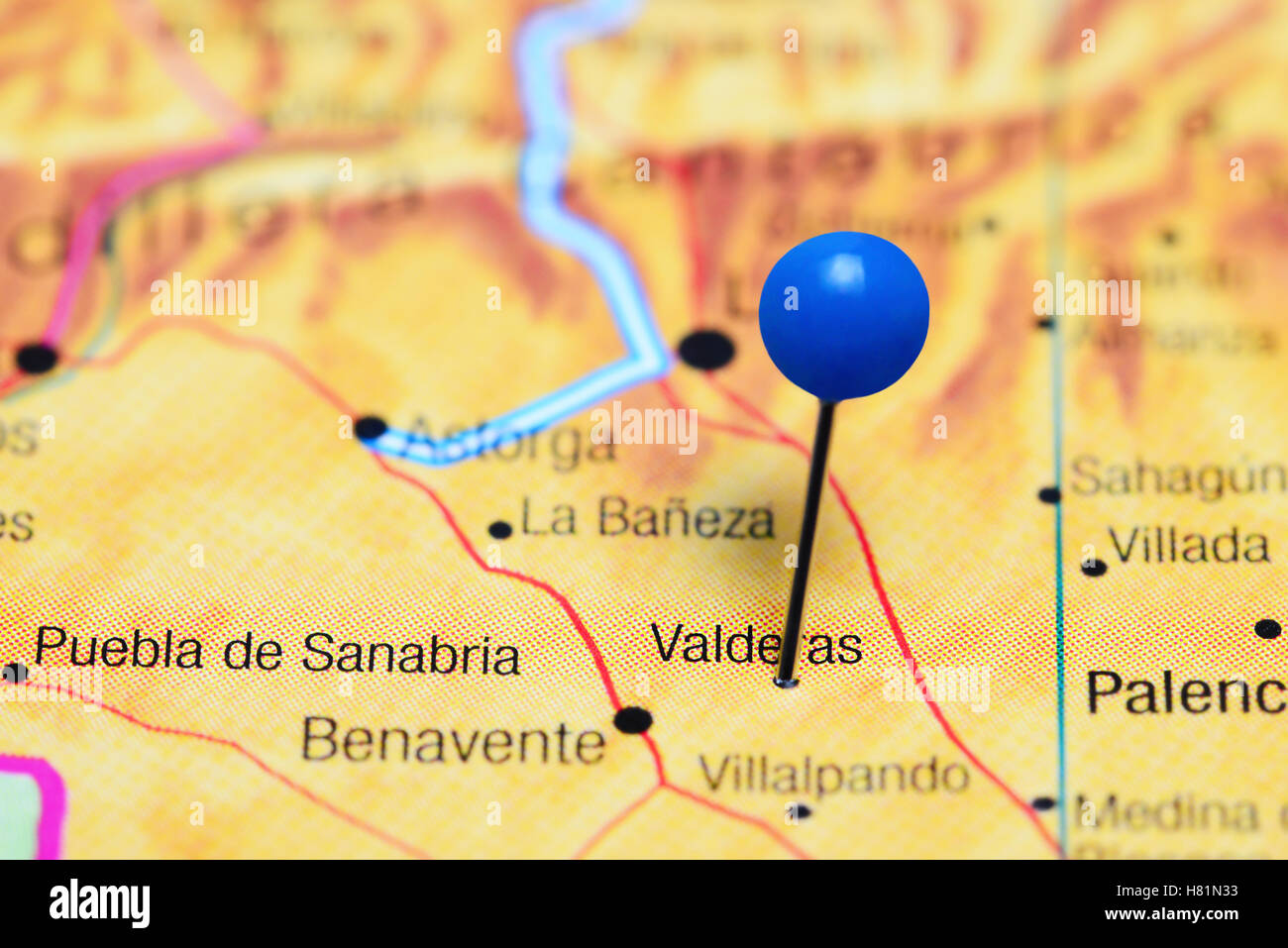 Valderas pinned on a map of Spain Stock Photo Alamy