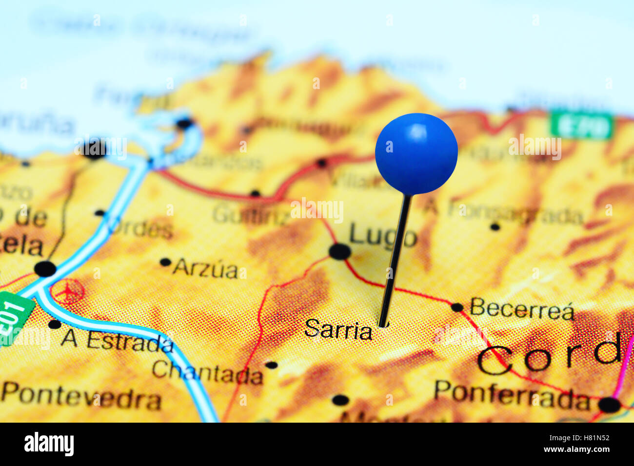 Sarria pinned on a map of Spain Stock Photo Alamy