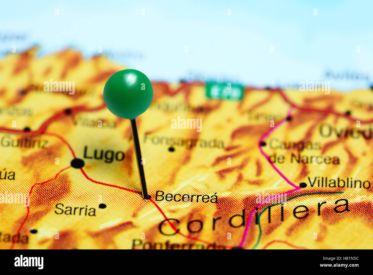 Becerrea pinned on a map of Spain Stock Photo