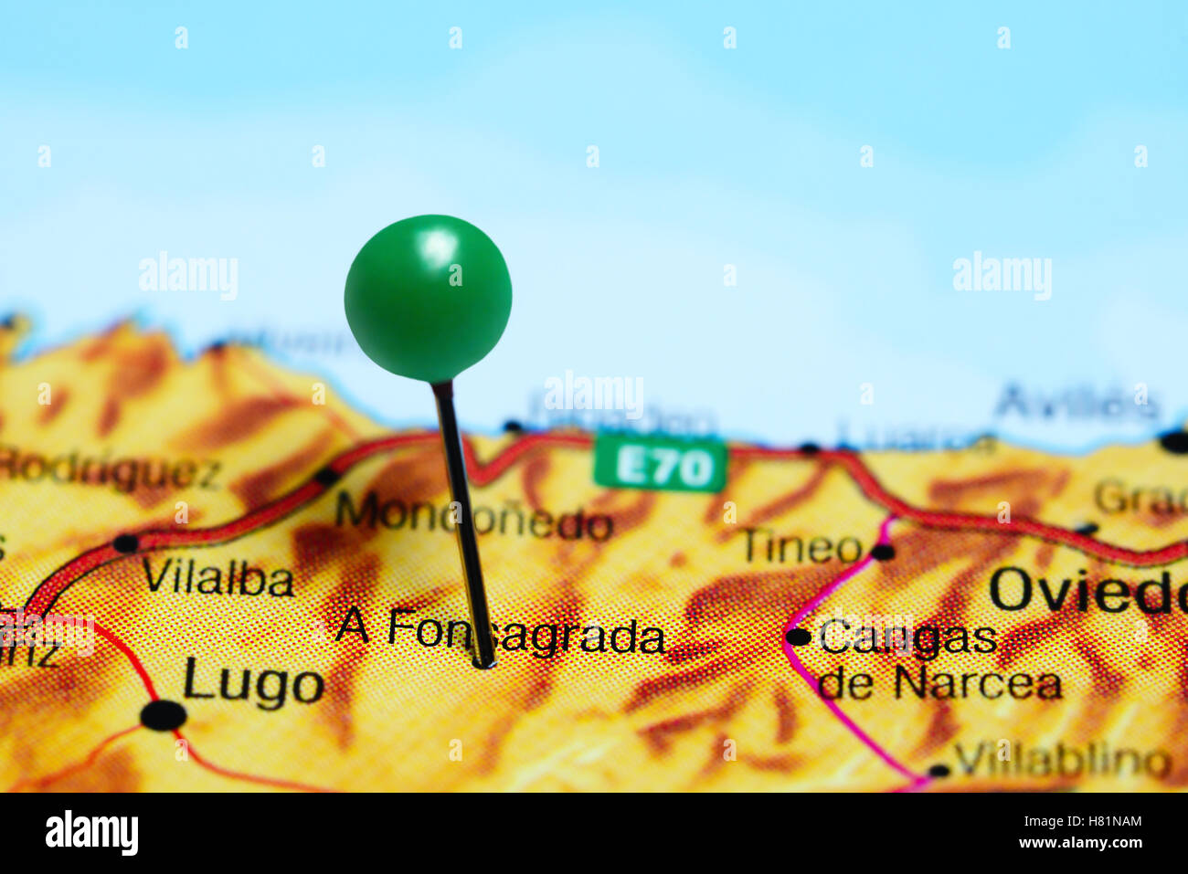 A Fonsagrada pinned on a map of Spain Stock Photo