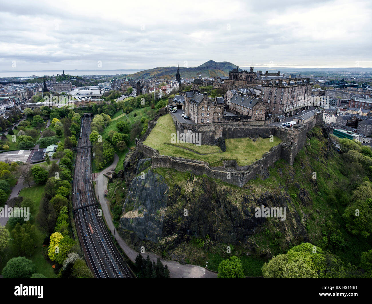 Edinburgh city the historic Castle on Rock cloudy Day Aerial shot 5 Stock Photo