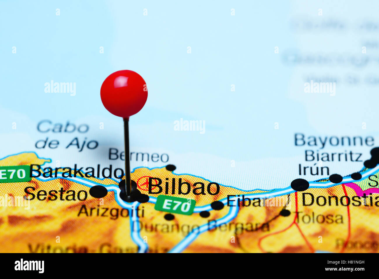 Bilbao pinned on a map of Spain Stock Photo