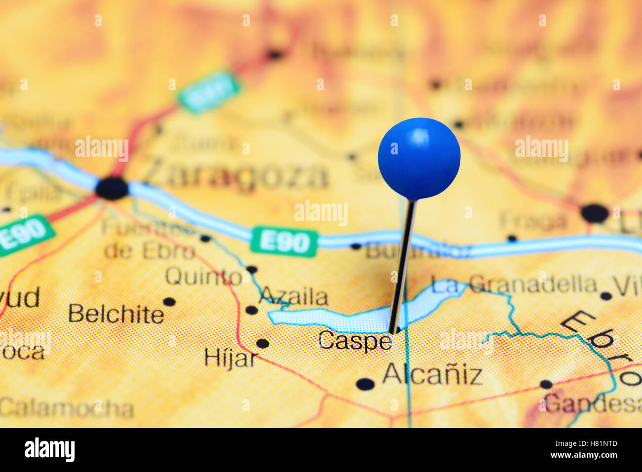 Caspe pinned on a map of Spain Stock Photo