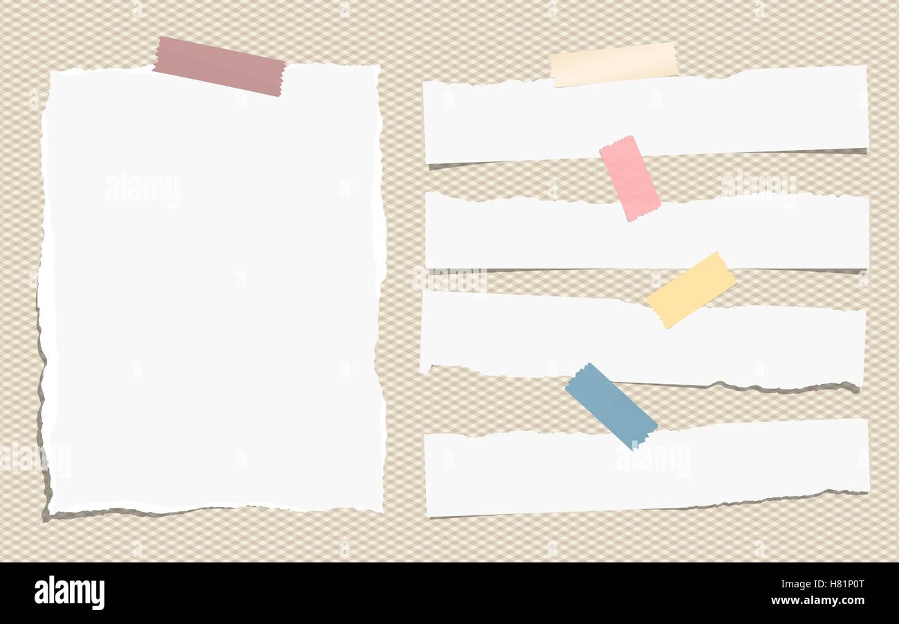 Pieces of white torn note, notebook paper sheets with colorful adhesive ...