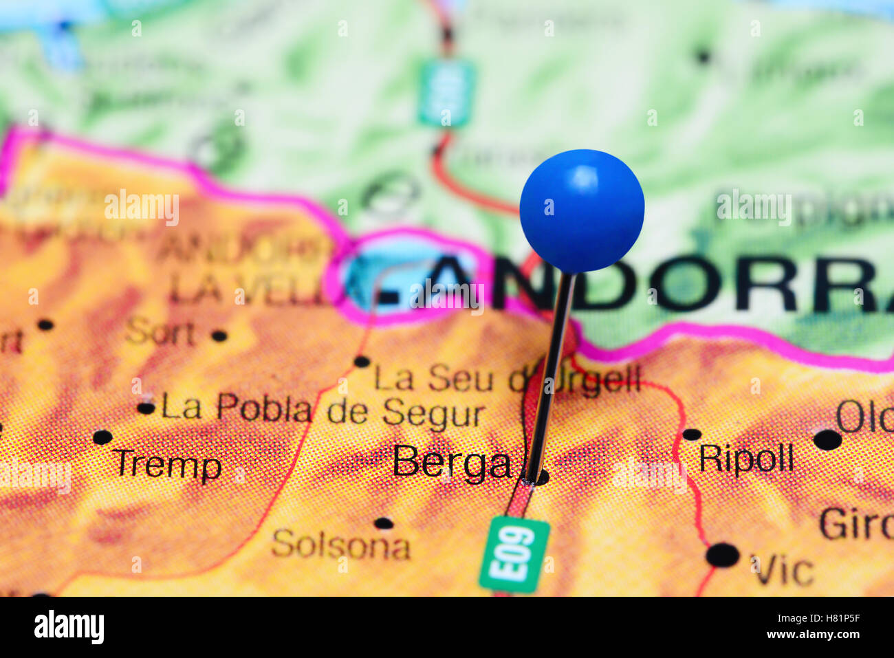 Berga pinned on a map of Spain Stock Photo