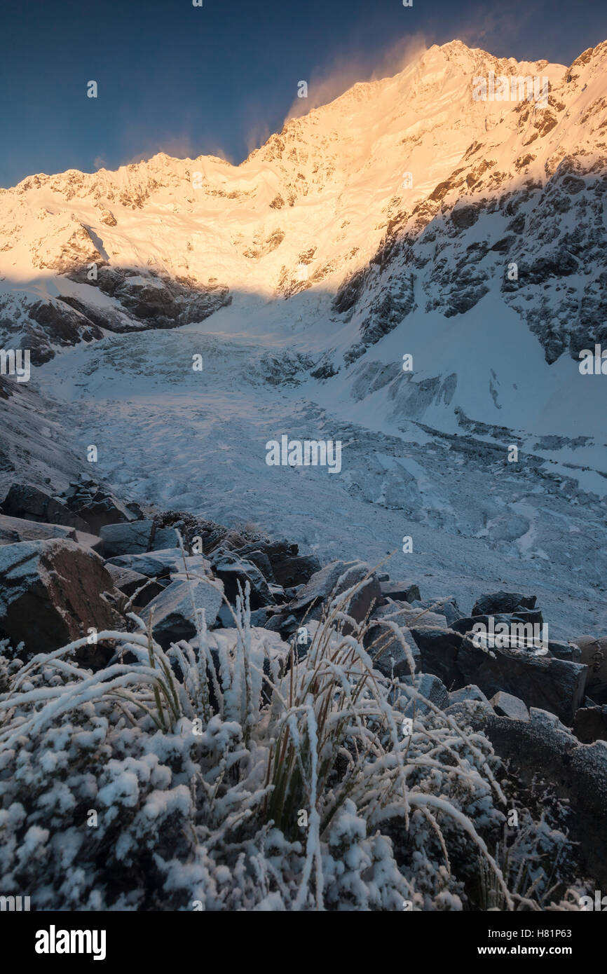Caroline Face of Mount Cook at dawn from Ball Pass with glacier below