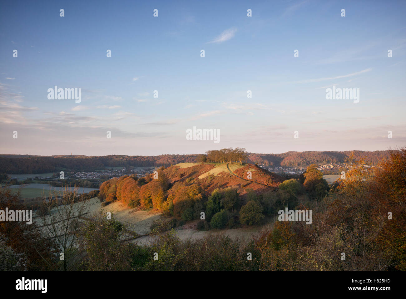 Downham Hill from Uley Bury on a cold frosty autumn morning at sunrise. Cotswolds, Gloucestershire, England. Stock Photo