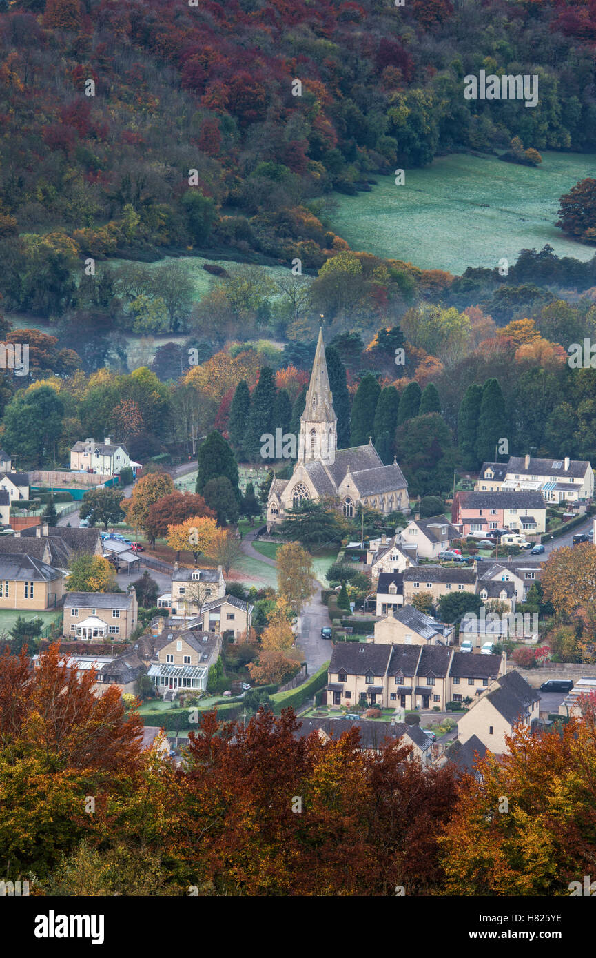 Woodchester in the Nailsworth Valley on a cold misty frosty autumn morning at dawn. Cotswolds, Gloucestershire, UK Stock Photo