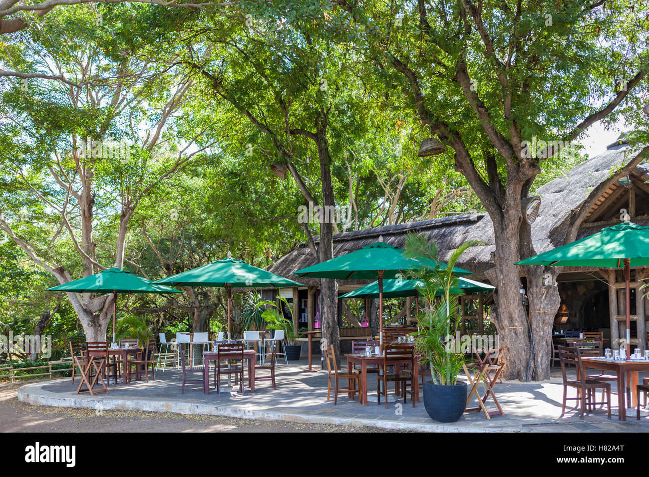 Tables and chairs on terrace of Casela Restaurant, Casela Nature and