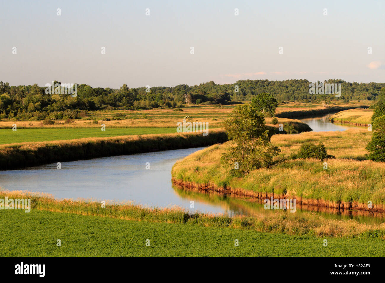 Annapolis River winding east through agricultural land, Canada Stock