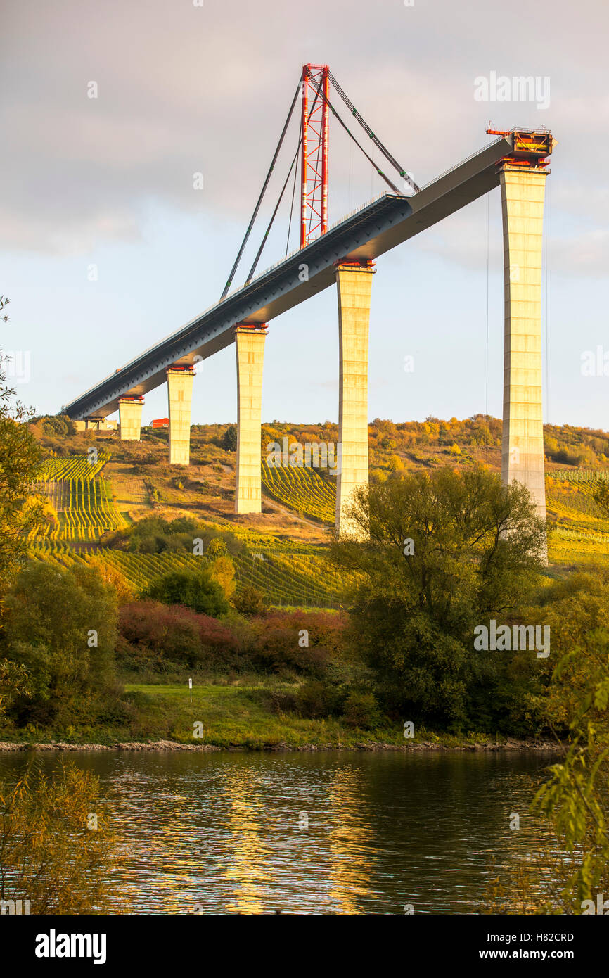 Construction site of the Moselle valley bridge, a street bridge over the Moselle river near the village of Zeltingen-Rachtig, Stock Photo