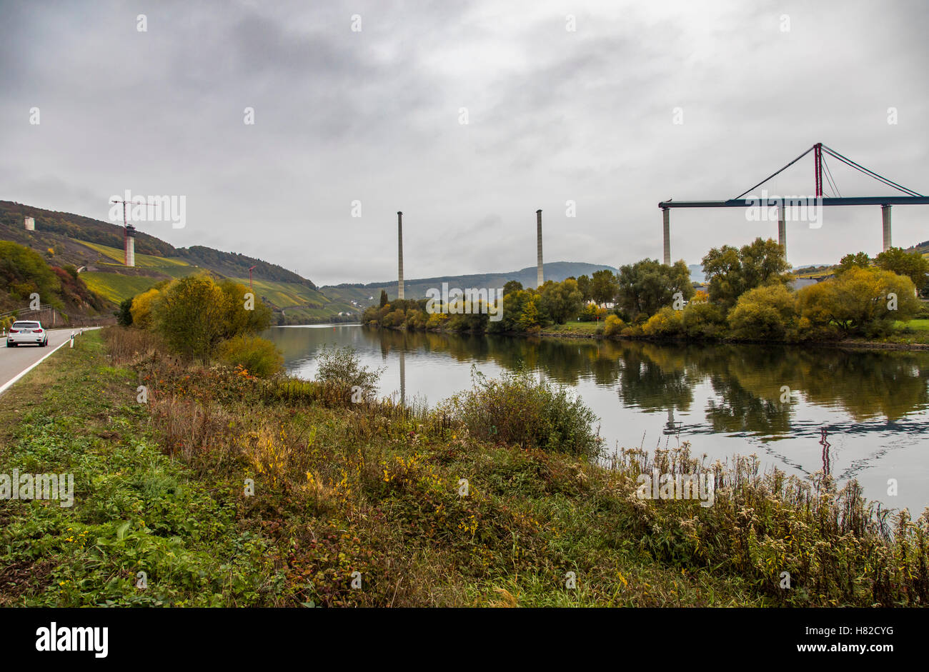 Construction site of the Moselle valley bridge, a street bridge over the Moselle river near the village of Zeltingen-Rachtig, Stock Photo