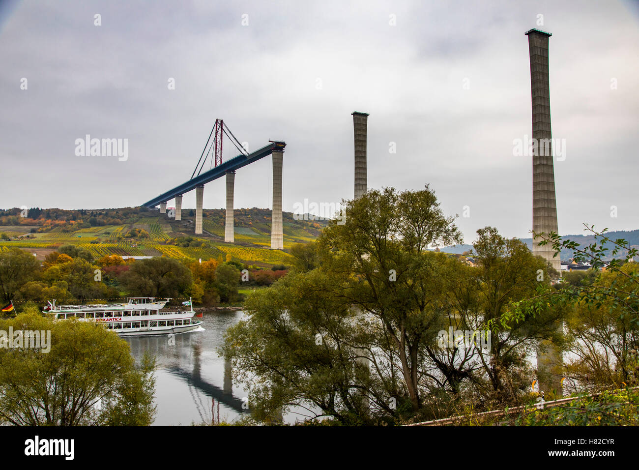 Construction site of the Moselle valley bridge, a street bridge over the Moselle river near the village of Zeltingen-Rachtig, Stock Photo