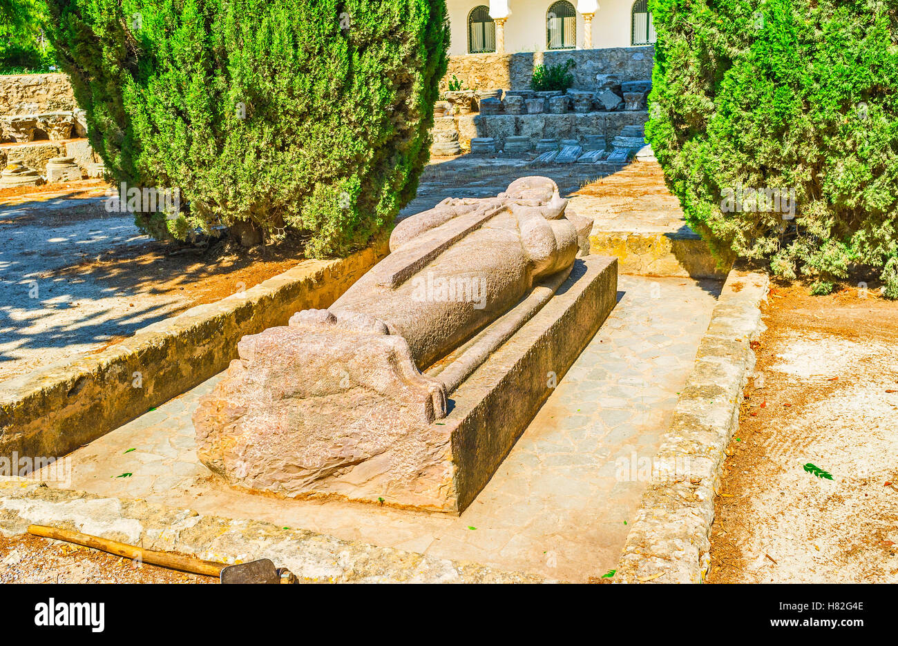 The stone statue decorates the tomb of the christian king in archaeological site of Carthage, Tunisia. Stock Photo