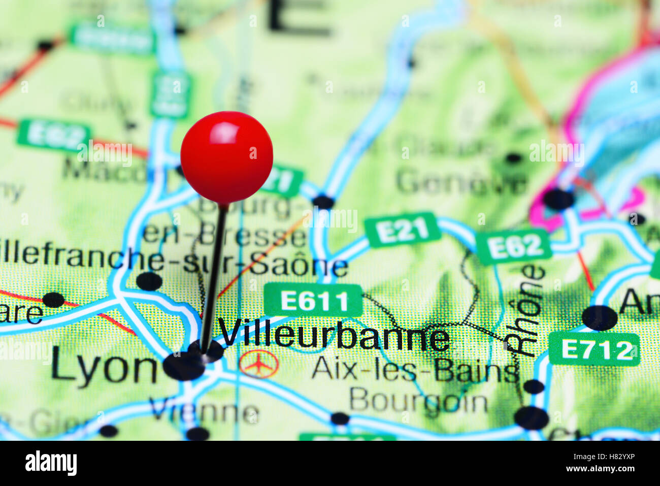 Villeurbanne pinned on a map of France Stock Photo