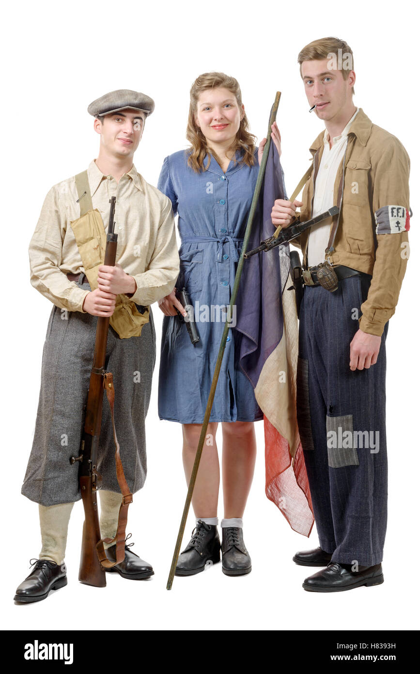 three young French Resistance, vintage clothes and weapons, reenactment, two men and one woman Stock Photo