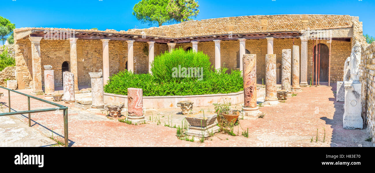 The ruins of the ancient Roman villa with the beautiful stone columns, marble statues and mosaics, Carthage Stock Photo