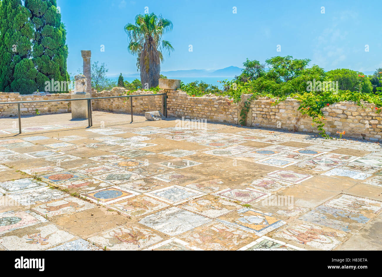 The preserved floor of the ancient Roman villa covered with masterpiece mosaics, Carthage Stock Photo