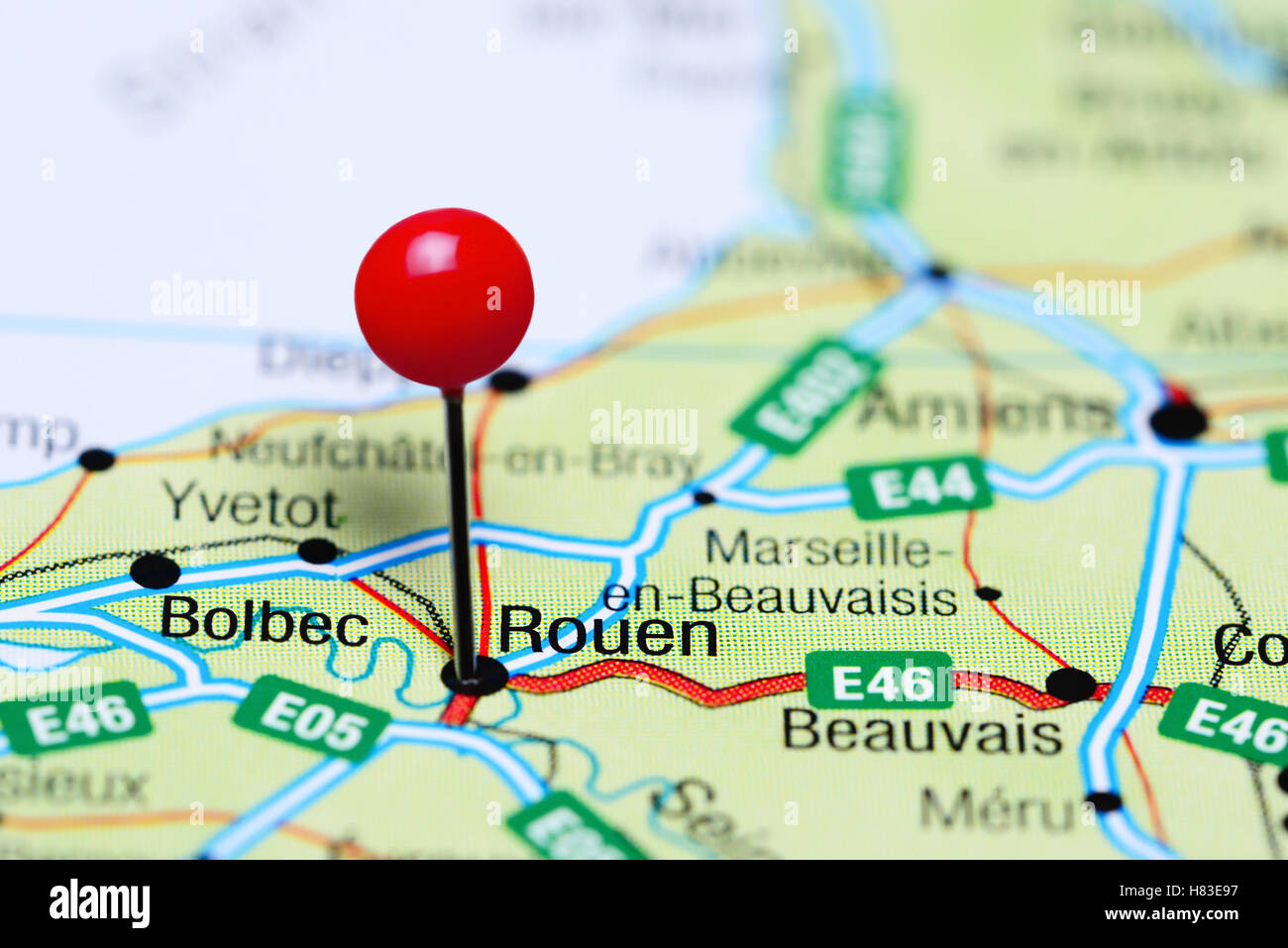 Rouen pinned on a map of France Stock Photo