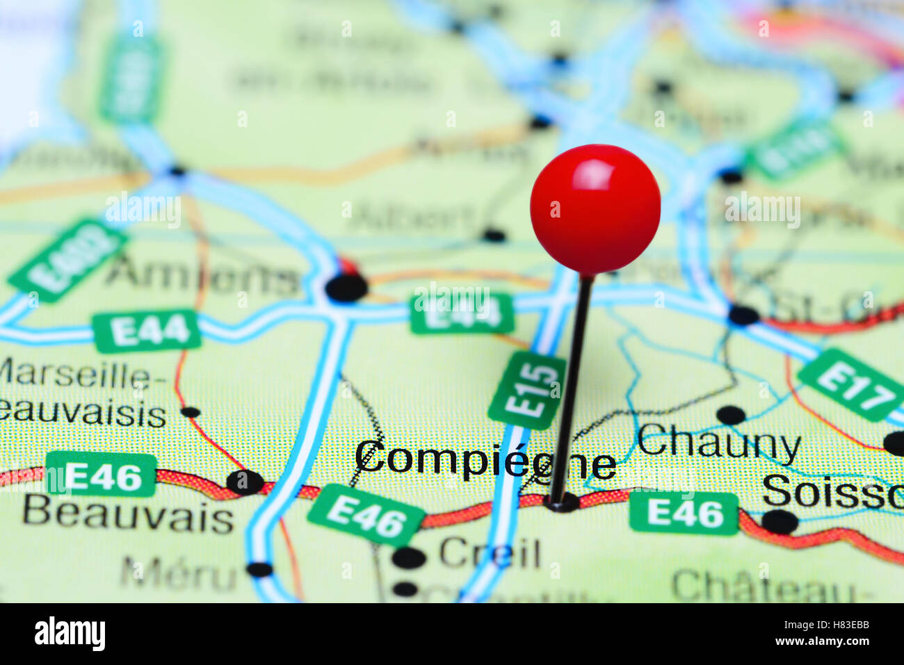 Compiegne pinned on a map of France Stock Photo