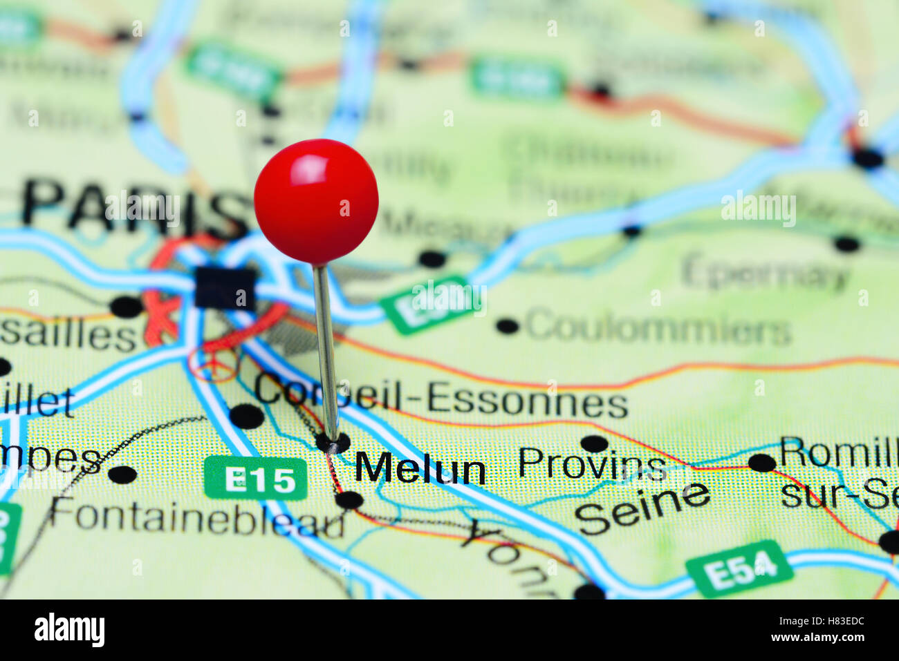 Melun pinned on a map of France Stock Photo