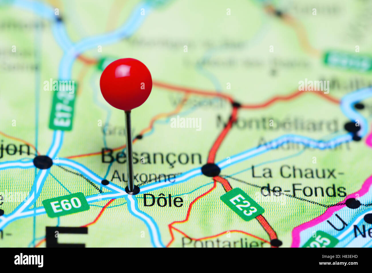 Dole pinned on a map of France Stock Photo