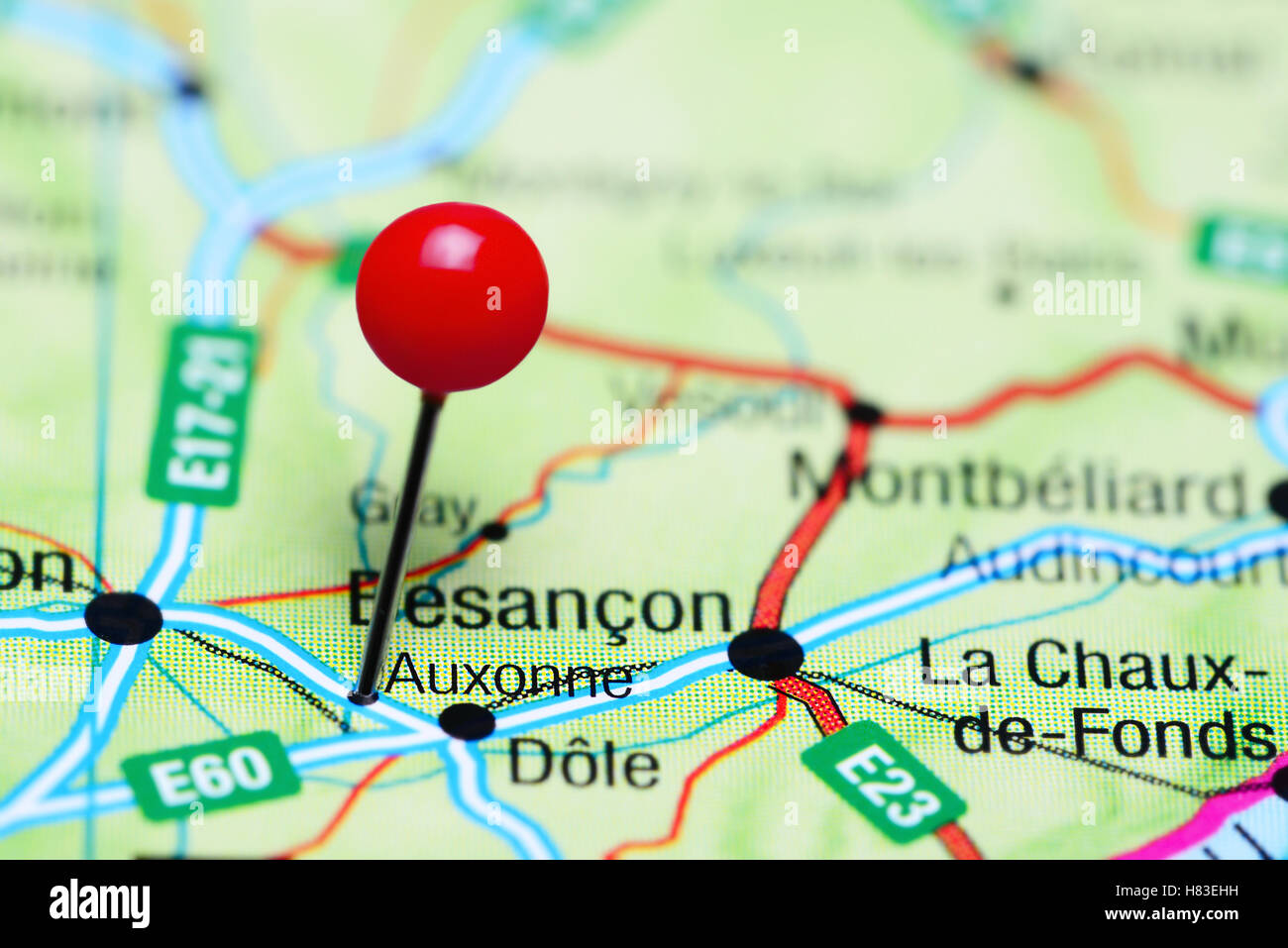 Auxonne pinned on a map of France Stock Photo