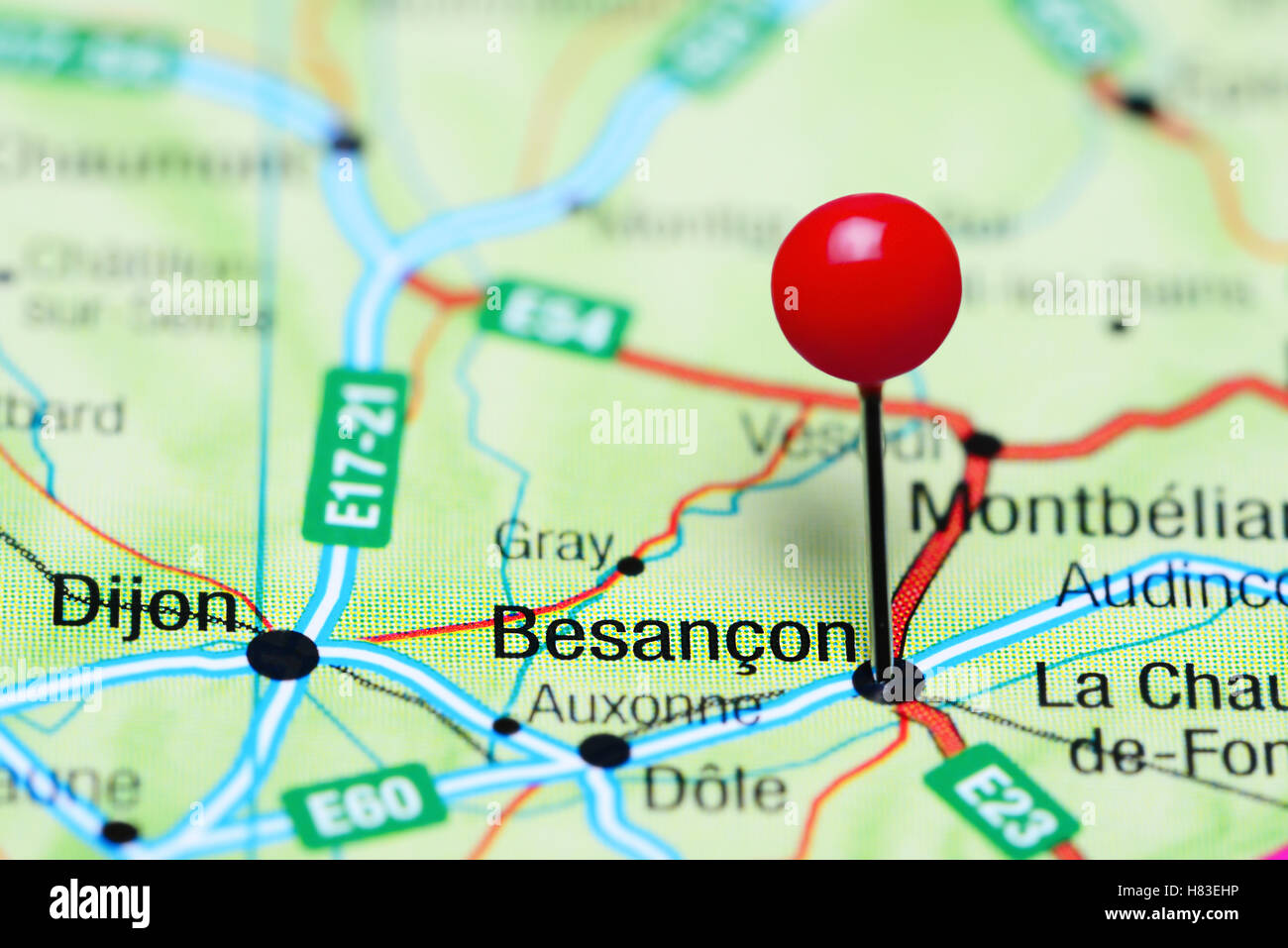 Besancon pinned on a map of France Stock Photo - Alamy, image size:1300x957