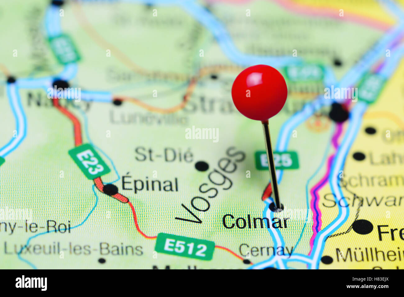 Colmar pinned on a map of France Stock Photo - Alamy
