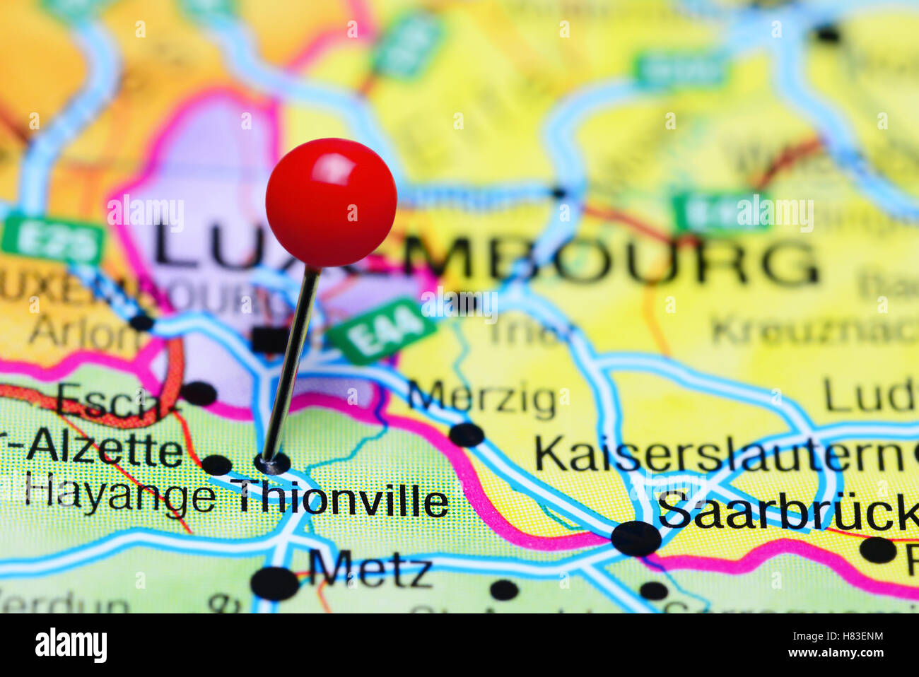 Thionville pinned on a map of France Stock Photo