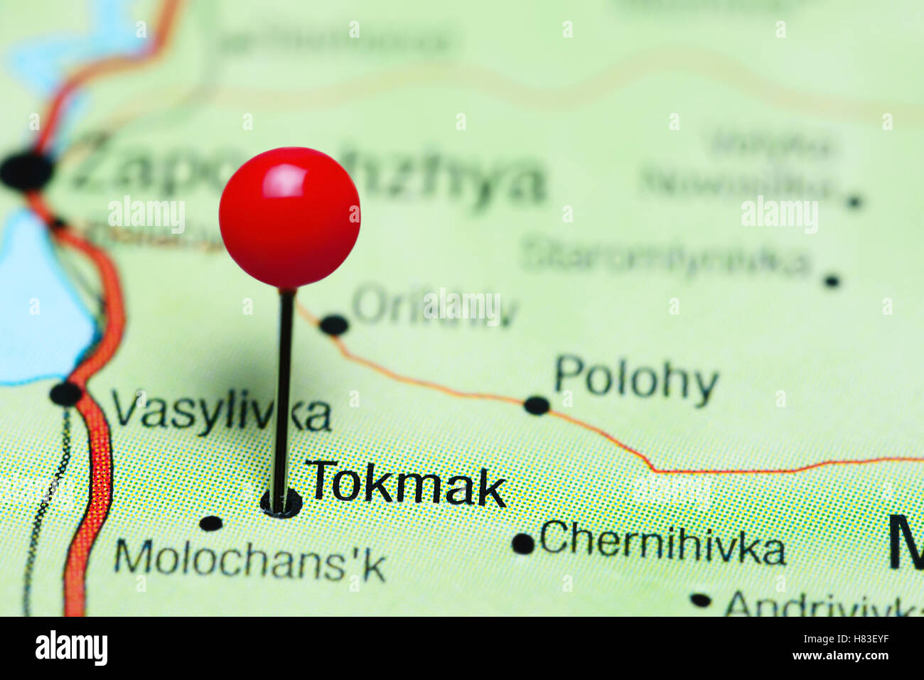 Tokmak pinned on a map of Ukraine Stock Photo - Alamy