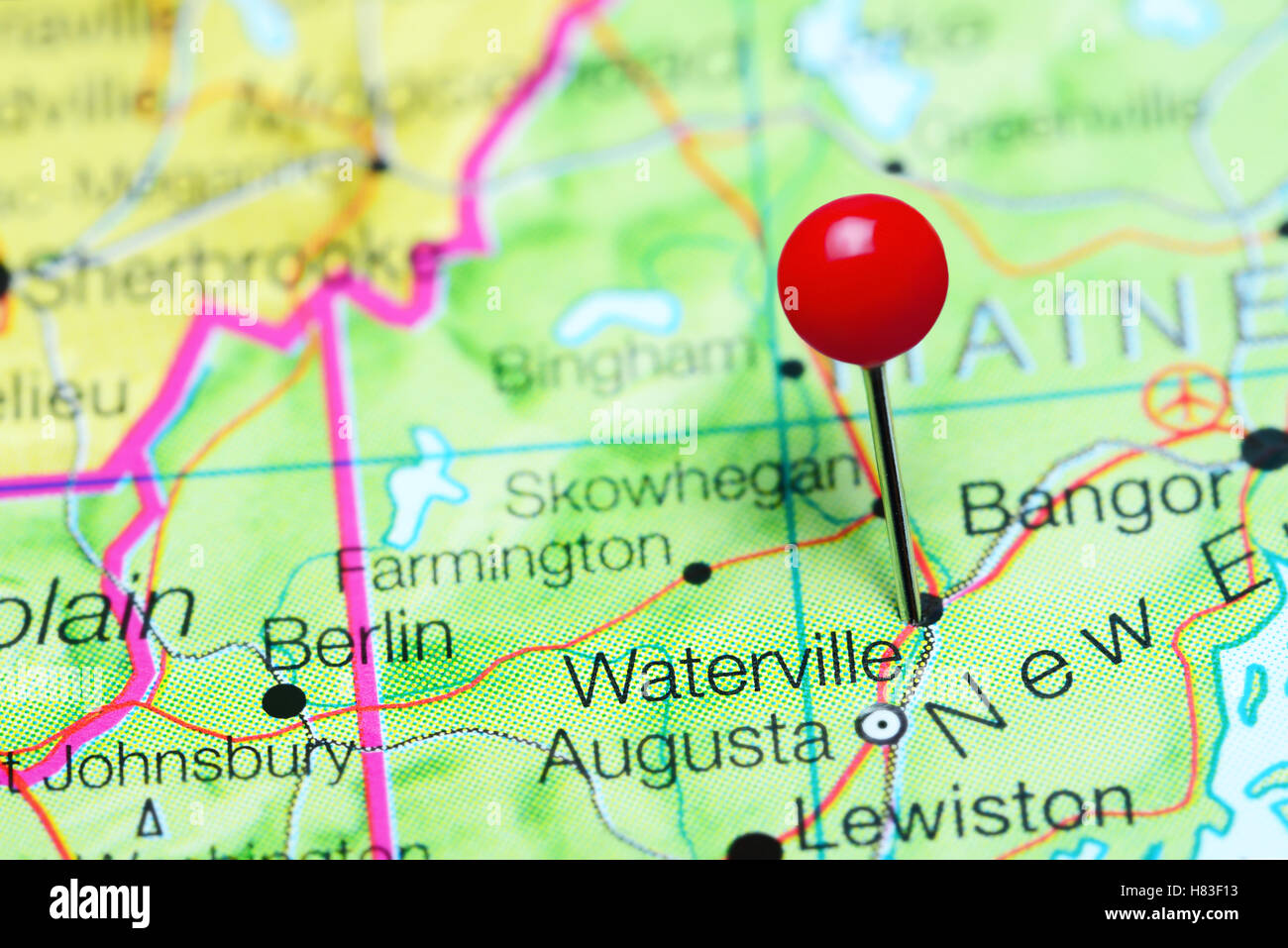 Waterville pinned on a map of Maine, USA Stock Photo