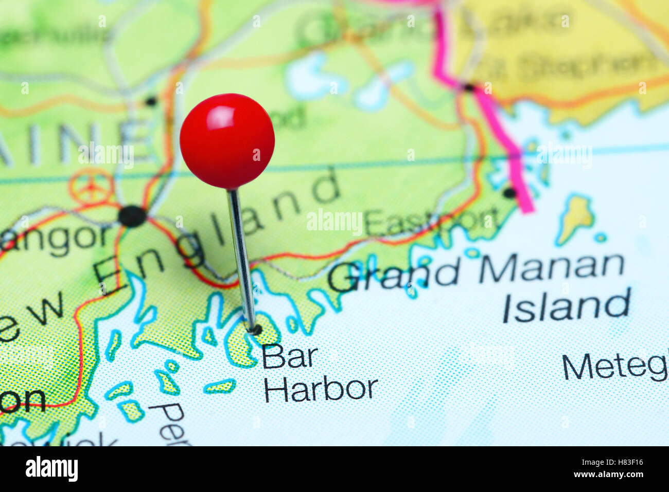 Bar Harbor pinned on a map of Maine, USA Stock Photo