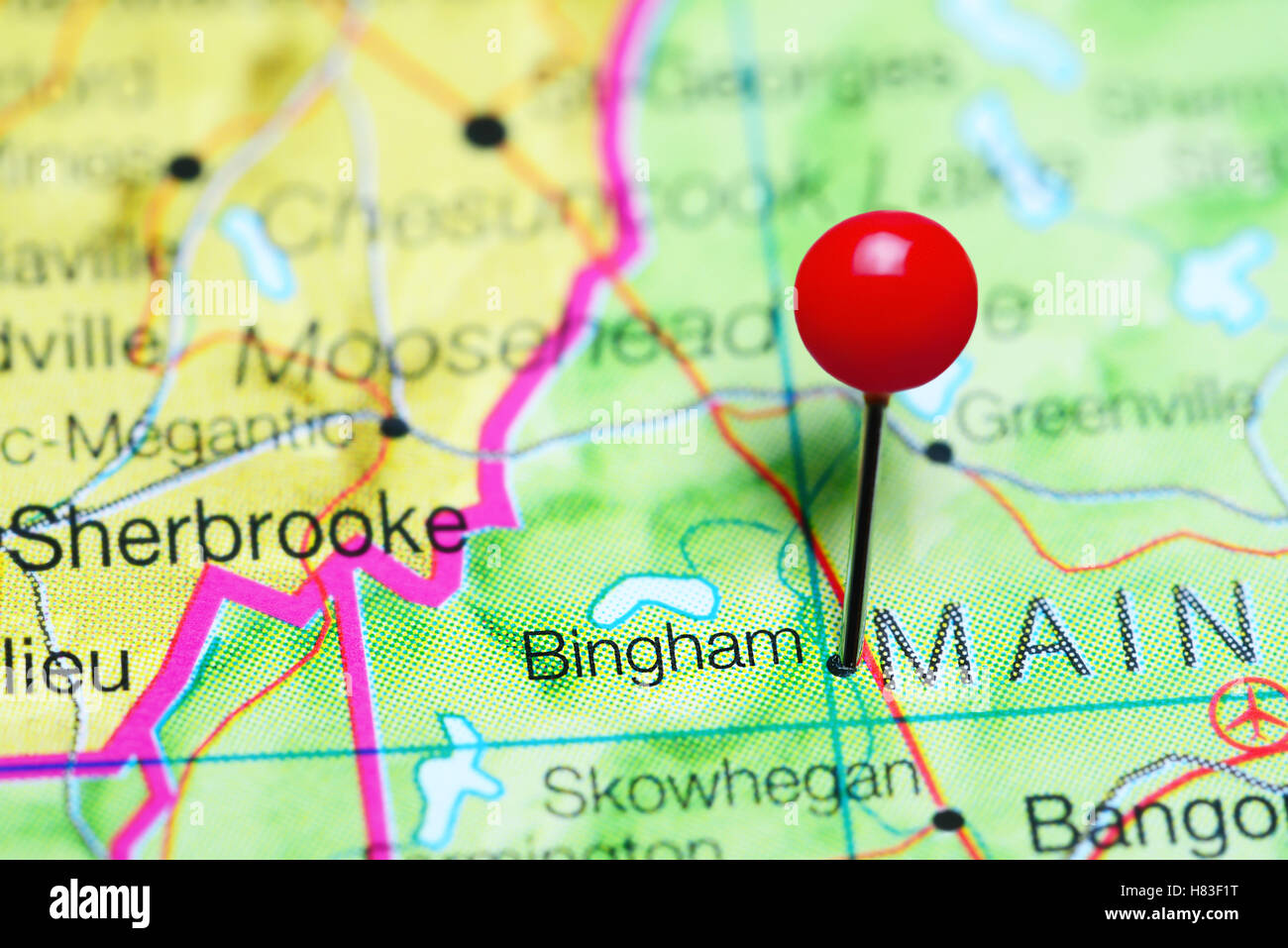 Bingham pinned on a map of Maine, USA Stock Photo Alamy