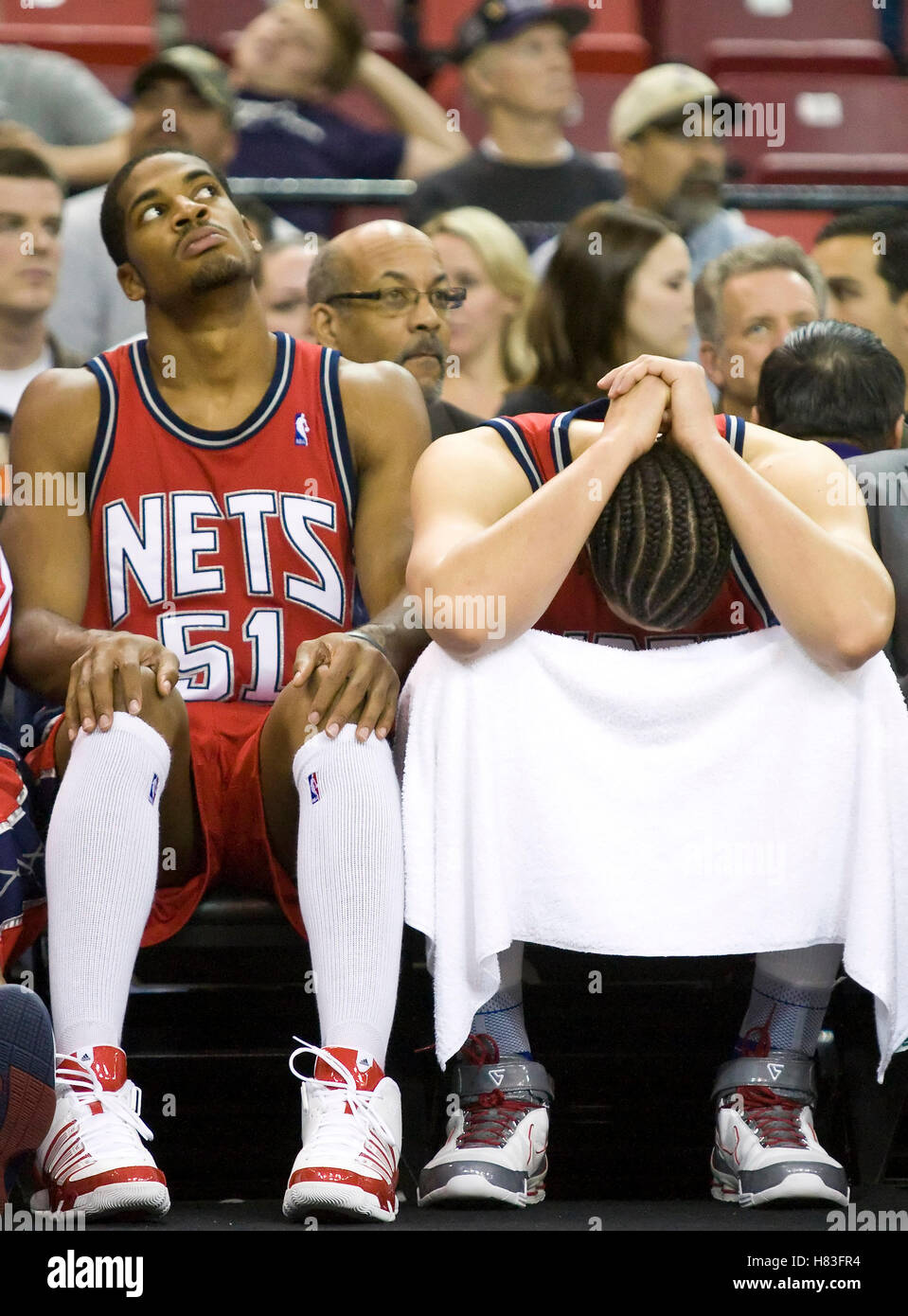 November 27, 2009; Sacramento, CA, USA; New Jersey Nets forward Sean  Williams (51) and center Josh Boone (2) react as their team falls to 0-16  at the end of the game against