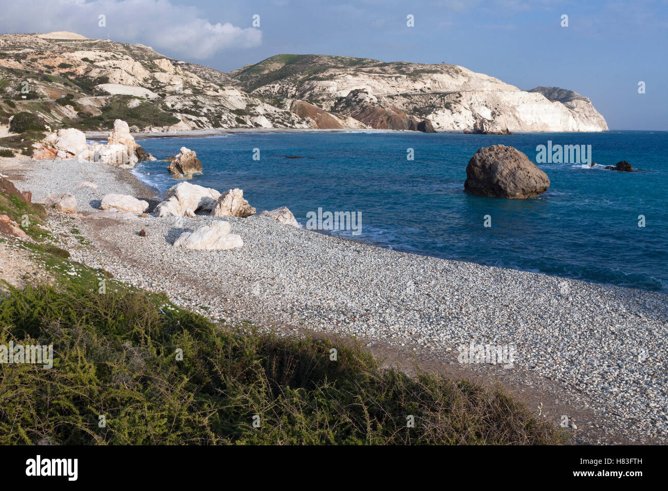 Chalk cliff coastline and beach, Aphrodite's Rock, Cyprus Stock Photo
