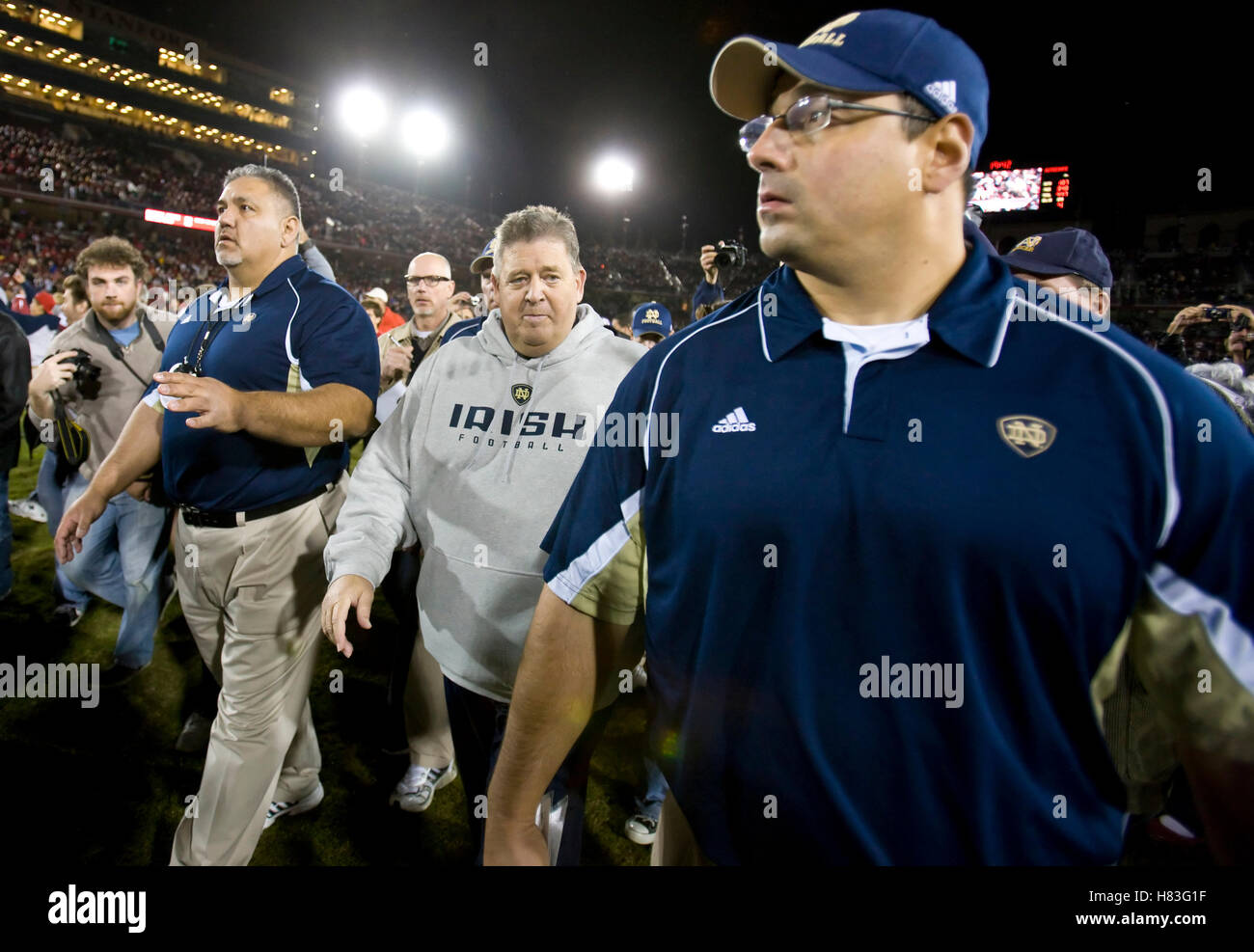 November 28, 2009; Stanford, CA, USA; Notre Dame Fighting Irish head coach Charlie Weis after the game against the Stanford Cardinal at Stanford Stadium.  Stanford defeated Notre Dame 45-38. Stock Photo
