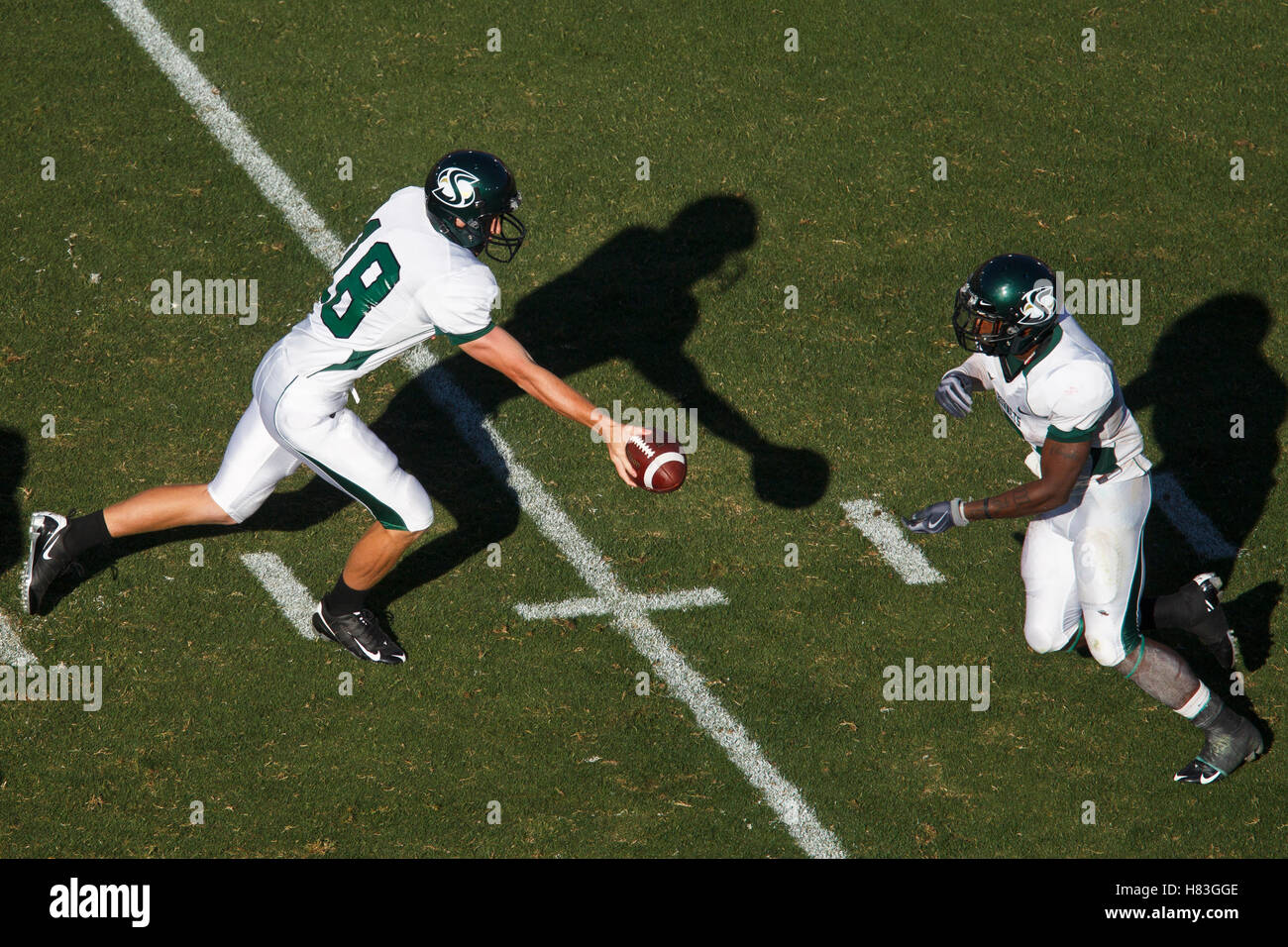 September 4, 2010; Stanford, CA, USA;  Sacramento State Hornets quarterback Tommy Edwards (18) hands the ball off to running back Pete Murdaca (5) during the third quarter at Stanford Stadium. Stanford defeated Sacramento State 52-17. Stock Photo